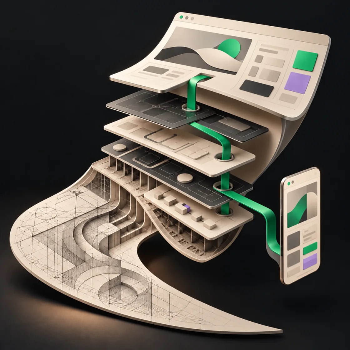 Conceptual software cutaway with layered web and mobile interfaces, a drafting lattice and one continuous emerald connecting spine.