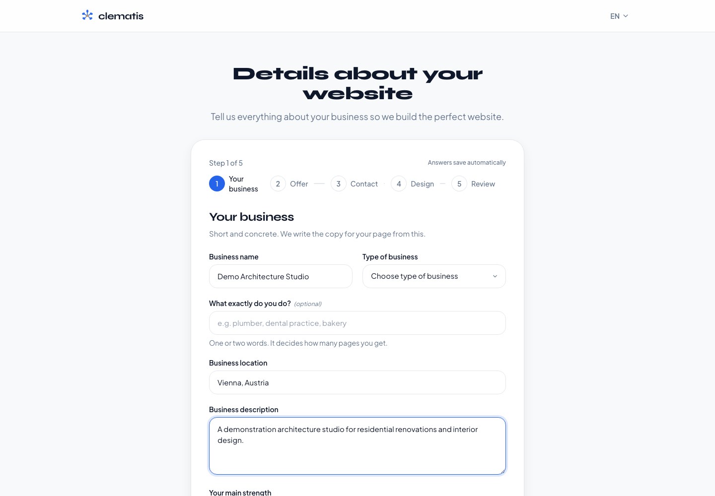 Clematis onboarding interface with explicitly fictional demonstration business data.